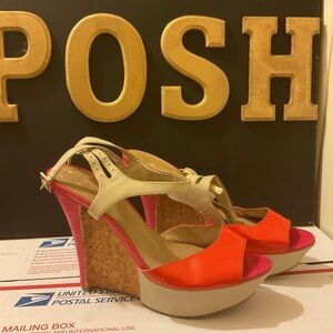 Women's Colorblock Cork Wedge Sandals - Orange & Cream